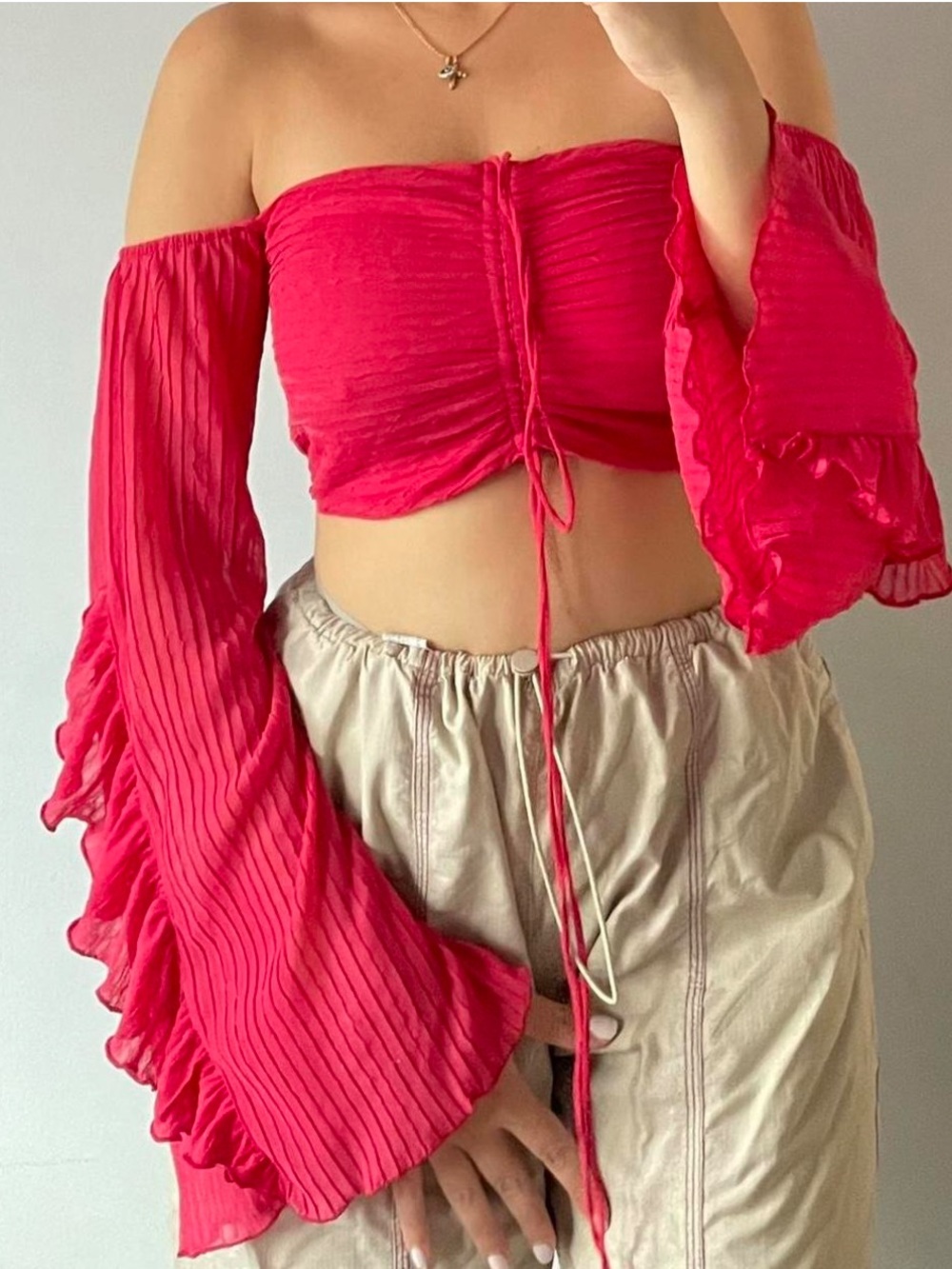 NWT Zara Fuchsia Off-Shoulder Ruched Crop Top